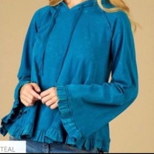 Altar’d State Teal Vintage Ruffle Hoodie